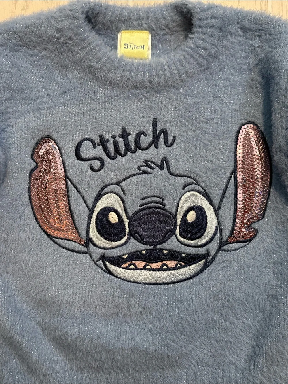 Disney Stitch Girls 3T Blue Fuzzy Sequin Pullover Sweater NWT